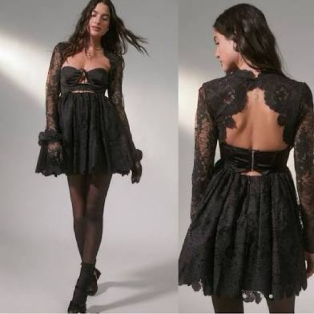 NWT For Love & Lemons Regina Mini Dress Small Victorian Black Lace Bolero M